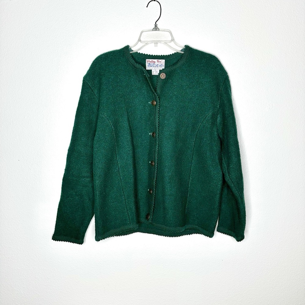 VTG Tally-Ho Forest Green 100% Boiled Wool Cardigan Sweater Scalloped Trim Large